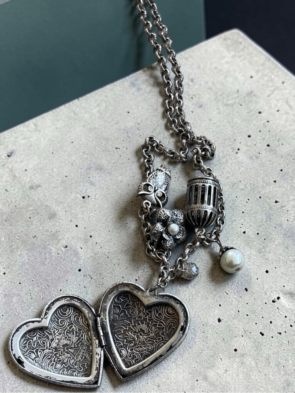 Vintage Napier Heart Locket Owl Birdcage Charm Necklace - Picture 4 of 6